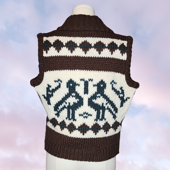 Vtg BBs Closet Y2k Brown White Knit Wool Blend Bird Snow Winter Puffer Vest Sz L - Picture 5 of 6